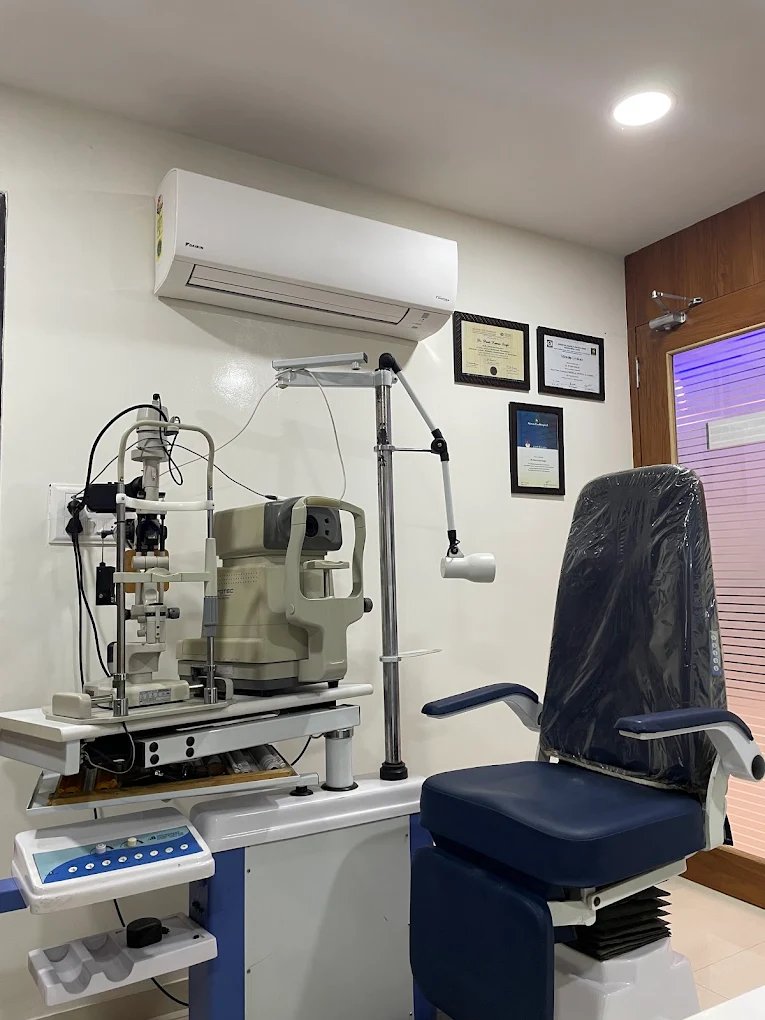 Advanced ophthalmic diagnostics equipment and patient chair at Vijay Eye Hospital